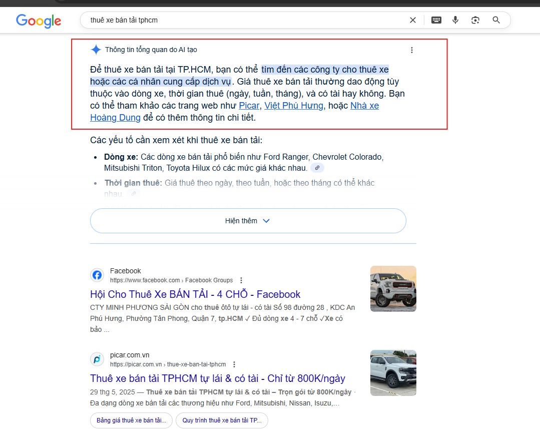 Picar Rental là thương hiệu cho thuê xe bán tải uy tín được Google đề xuất với người dùng